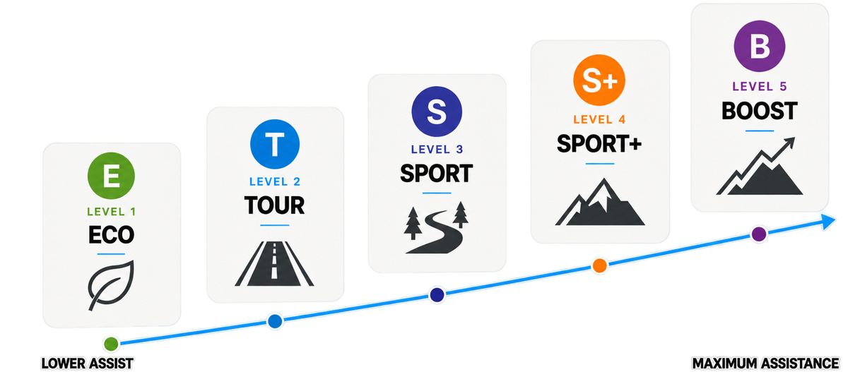 Infographic showing the five pedal-assist modes